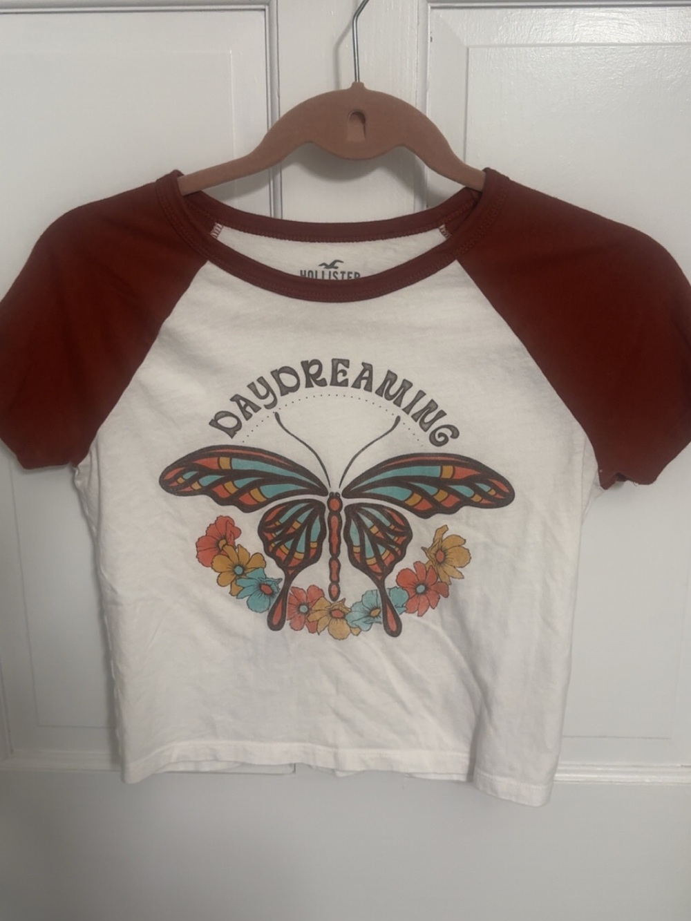 Hollister White Tee with Rust Raglan Sleeves & Colorful Butterfly Graphic